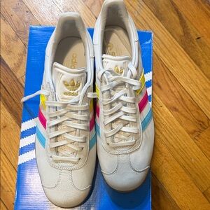 Adidas Sambas Cream Sneakers with Pink, Blue, and Yellow Stripes